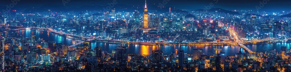 Stunning Nighttime Aerial Panorama of Bustling Cityscape with Tower Illuminated, Bridging Rivers and Vibrant Urban Sprawl Stunning Nighttime Aerial Panorama of Bustling Cityscape with Tower Illuminated, Bridging Rivers and Vibrant Urban Sprawl