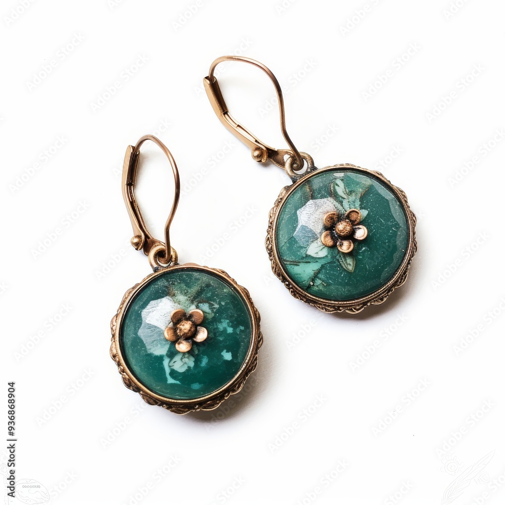 Elegant Green Gemstone Earrings with Antique Floral Design Elegant Green Gemstone Earrings with Antique Floral Design