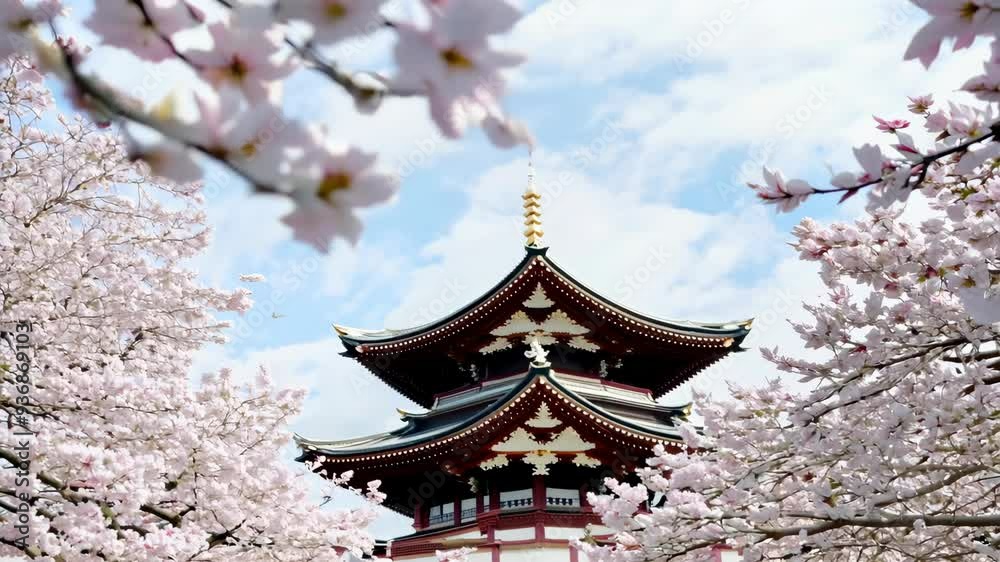 Explore the beauty of a Japanese temple surrounded by cherry blossoms in springtime glory Explore the beauty of a Japanese temple surrounded by cherry blossoms in springtime glory