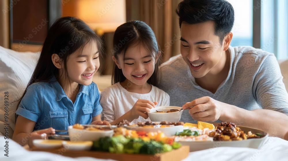 Fototapeta premium An Asian family shares a delightful room service breakfast on the bed, smiling and enjoying delicious food together in the morning