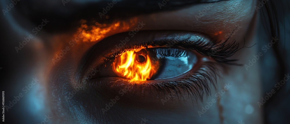 A captivating close-up of an eye with fiery detail, showcasing intense emotions and surreal imagery that evokes a sense of mystery. A captivating close-up of an eye with fiery detail, showcasing intense emotions and surreal imagery that evokes a sense of mystery.