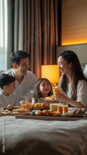 A happy Asian family shares a delightful room service breakfast, laughing and enjoying each other's company in a hotel room
