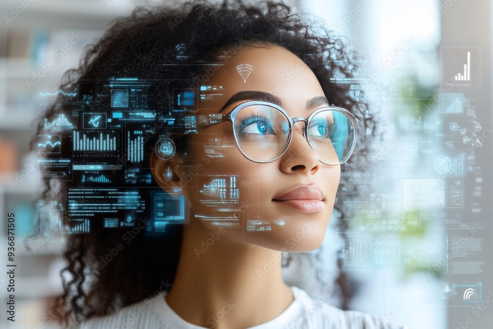 Confident young woman wearing smart glasses with digital data overlaying her face representing the seamless integration of augmented reality and personal technology in everyday life Confident young woman wearing smart glasses with digital data overlaying her face representing the seamless integration of augmented reality and personal technology in everyday life