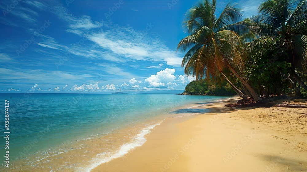 Peaceful golden sand beach with palm trees ideal for high-definition tropical and relaxing wallpaper backgrounds Peaceful golden sand beach with palm trees ideal for high-definition tropical and relaxing wallpaper backgrounds