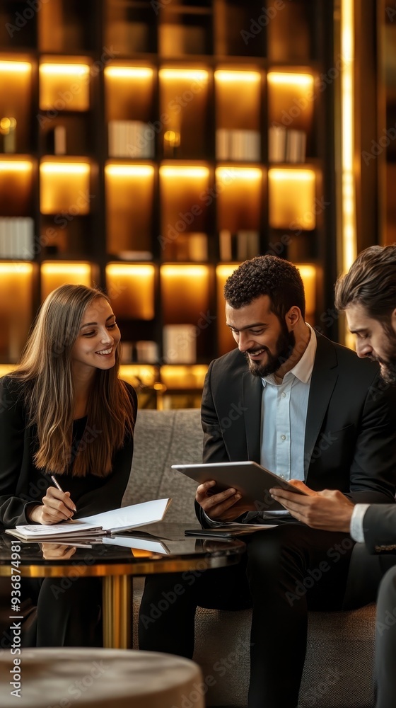 A group of business collaborators share insights and strategies at a stylish office lounge, working together on a project A group of business collaborators share insights and strategies at a stylish office lounge, working together on a project