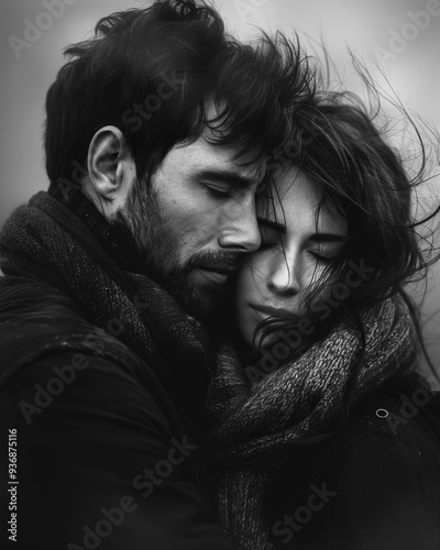 Close up shot of a couple hugging from each other emotionally, misty, black and white scene. Image stylized as a black and white photo of a loving couple hugging photo