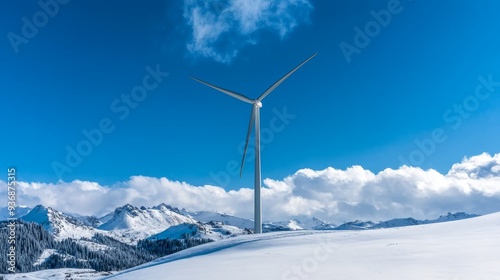 Wind turbine on snowy mountain landscape under blue sky. Renewable energy and sustainable development concept