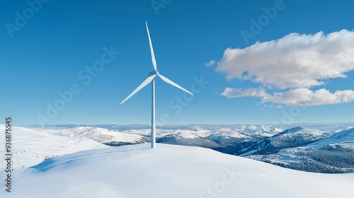 Wind turbine on snowy mountain landscape under clear blue sky, symbolizing renewable energy and sustainability