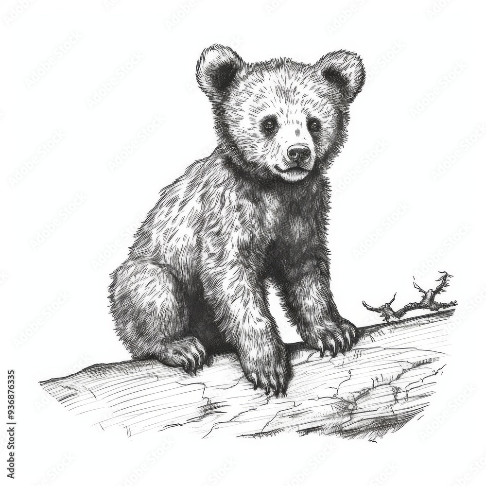 Fototapeta premium Hand-Drawn Baby Bear on a Log Illustration â€“ Adorable and Detailed Sketch for Nature Lovers