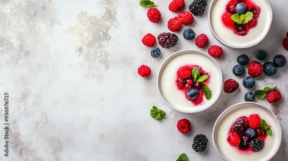 Three bowls of creamy white dessert topped with fresh berries, pomegranate seeds and mint leaves on a grey background. Three bowls of creamy white dessert topped with fresh berries, pomegranate seeds and mint leaves on a grey background.