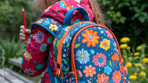 Bag and pencil in child's hand photo