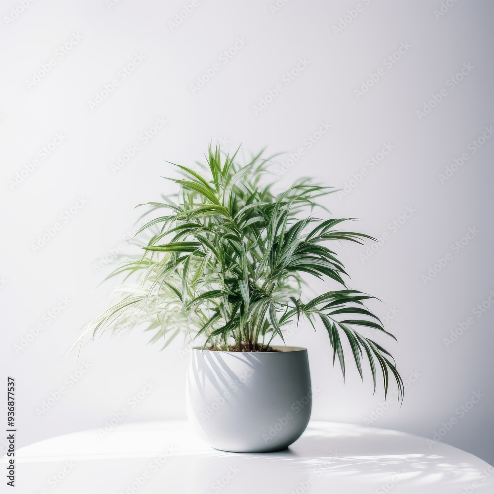 Fototapeta premium Lush Green Potted Plant in Modern Minimalist Pot on White Tabletop - Perfect for Interior Design and Fresh Home Decor.