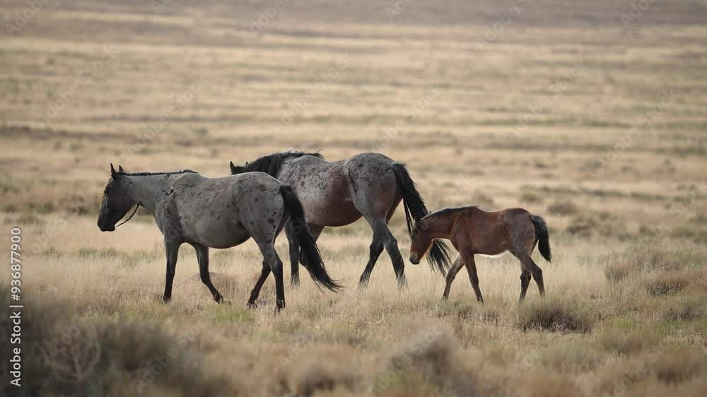 Wild Horse family walking through the Utah desert in slow motion. Wild Horse family walking through the Utah desert in slow motion.