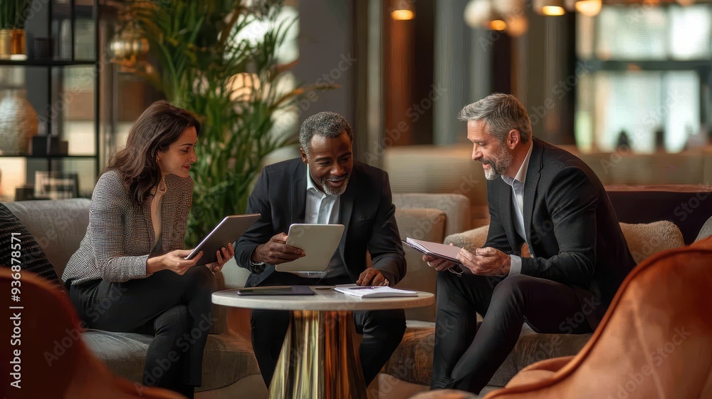 Three business people discuss ideas while reviewing documents and technology in an elegant, contemporary setting Three business people discuss ideas while reviewing documents and technology in an elegant, contemporary setting