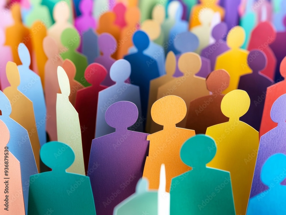 Abstract business team concept with diverse paper cutouts in solid colors arranged in unity - inclusion, workplace diversity, team building Abstract business team concept with diverse paper cutouts in solid colors arranged in unity - inclusion, workplace diversity, team building