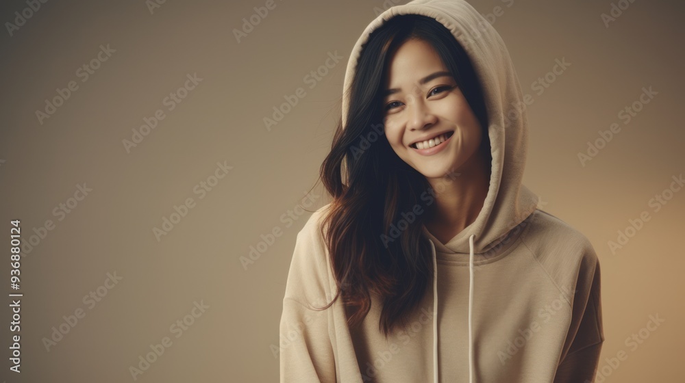 Beautiful asian young woman in gray hoody posing with smile. Neural network ai generated art Beautiful asian young woman in gray hoody posing with smile. Neural network ai generated art