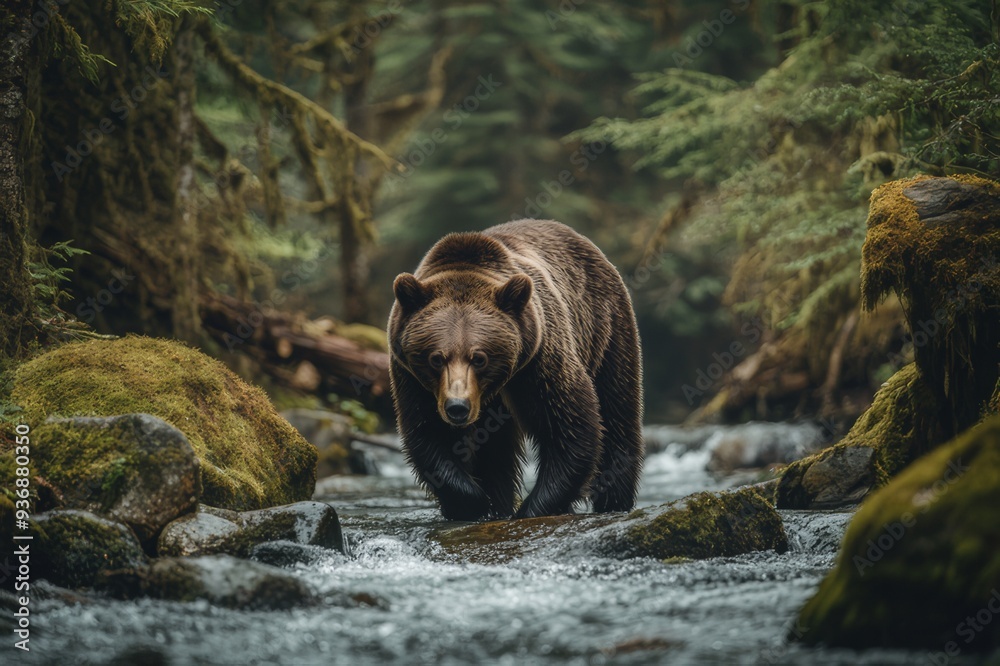 A grizzly bear walking through a lush forest. A grizzly bear walking through a lush forest.