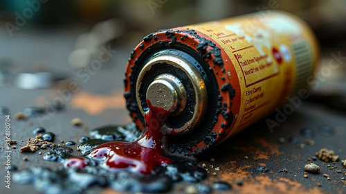 A battery lies on a dirt surface, oozing a dark, thick substance while surrounded by debris. Sunlight highlights the hazardous material, emphasizing the environmental concern