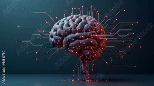 This artwork represents a brain constructed from intricate circuits and glowing lights, illustrating the relationship between technology and human cognition in a modern context