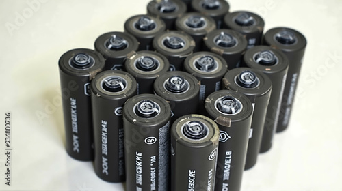 Numerous cylindrical batteries are stacked closely together on a light-colored surface, highlighting their uniform design and potential for powering various devices photo