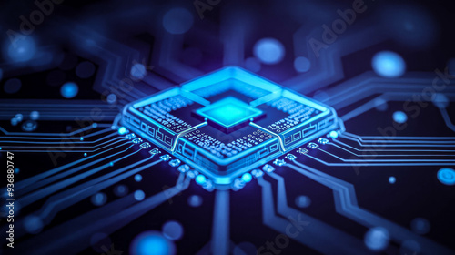 A blue microchip illuminated against a dark background highlights the detailed circuitry and electronic connections, emphasizing technological sophistication and innovation