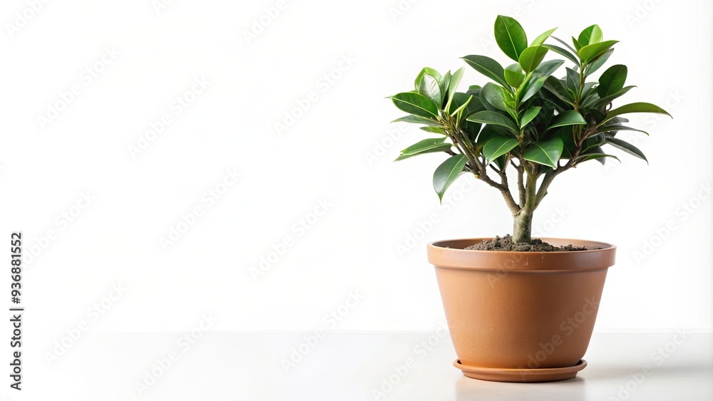 Fototapeta premium Ficus plant in a small pot isolated on white background, ficus, plant, pot, isolated, white background, indoor plant
