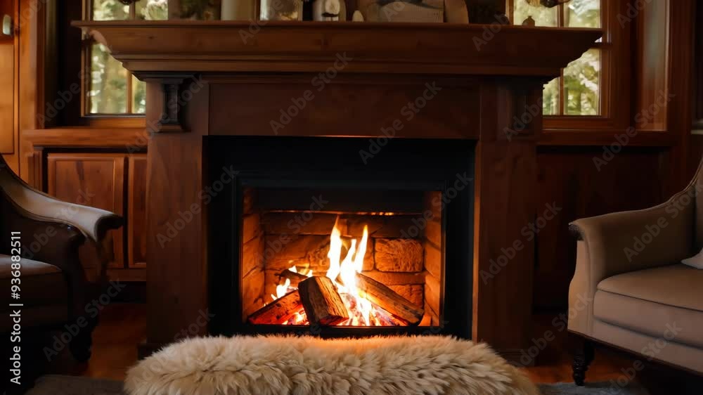 Cozy luxury cabin with a warm fireplace and gorgeous wood interiors nestled in a serene forest Cozy luxury cabin with a warm fireplace and gorgeous wood interiors nestled in a serene forest