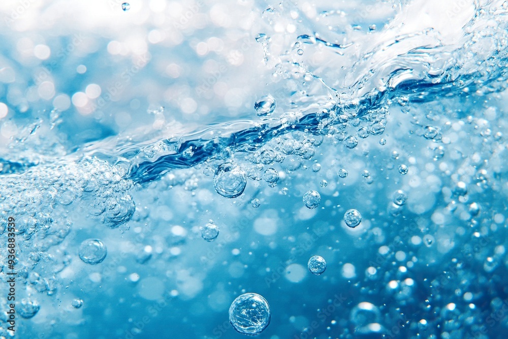 Air Bubbles Float Up Under Blue Water. Pure Water Wave, Oxygen Relaxation. Blue Water Textured on White Background..generative ai