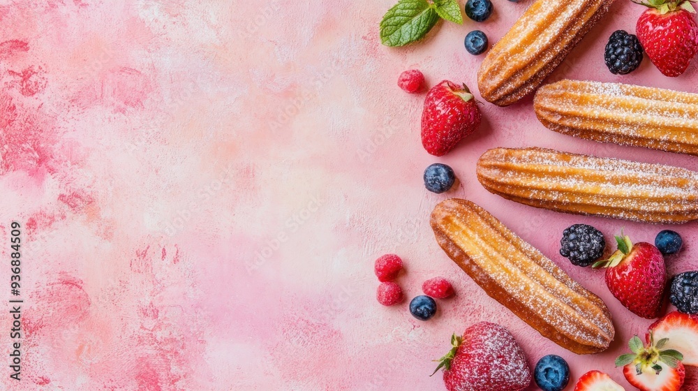 A flat lay of freshly baked churros with powdered sugar, strawberries, blueberries, and raspberries on a pink background with copy space. A flat lay of freshly baked churros with powdered sugar, strawberries, blueberries, and raspberries on a pink background with copy space.