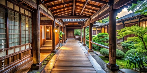 Path leading through a traditional teahouse with intricate wooden architecture and peaceful ambiance, teahouse