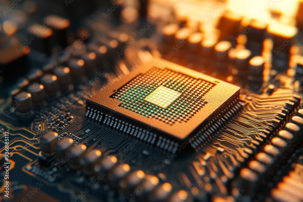 Detailed view of a golden microchip on a circuit board representing the advanced engineering and power of modern computing technology Detailed view of a golden microchip on a circuit board representing the advanced engineering and power of modern computing technology