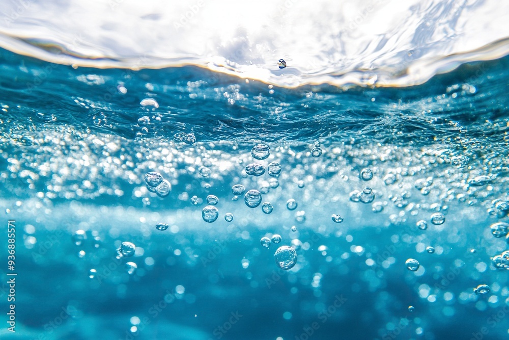 Air Bubbles Float Up Under Blue Water. Pure Water Wave, Oxygen Relaxation. Blue Water Textured on White Background..generative ai Air Bubbles Float Up Under Blue Water. Pure Water Wave, Oxygen Relaxation. Blue Water Textured on White Background..generative ai