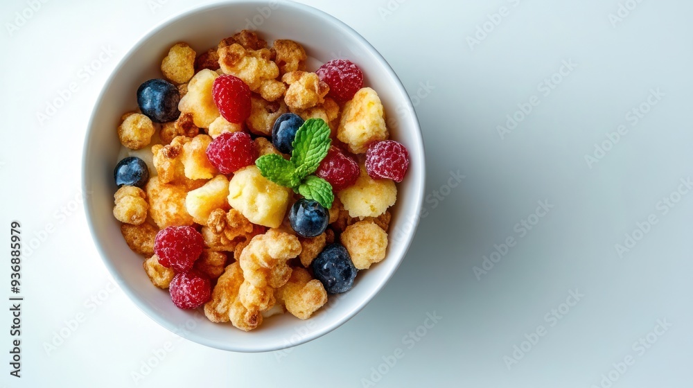 A bowl of cereal with blueberries and raspberries, topped with mint leaves. A bowl of cereal with blueberries and raspberries, topped with mint leaves.