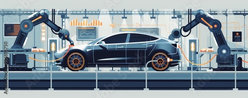 A car is being built in a factory with robots