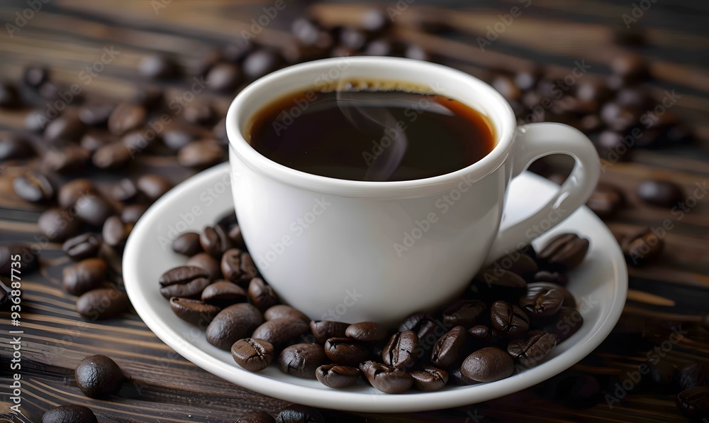 Fragrant hot coffee in a white cup with beans spilling roasted Fragrant hot coffee in a white cup with beans spilling roasted