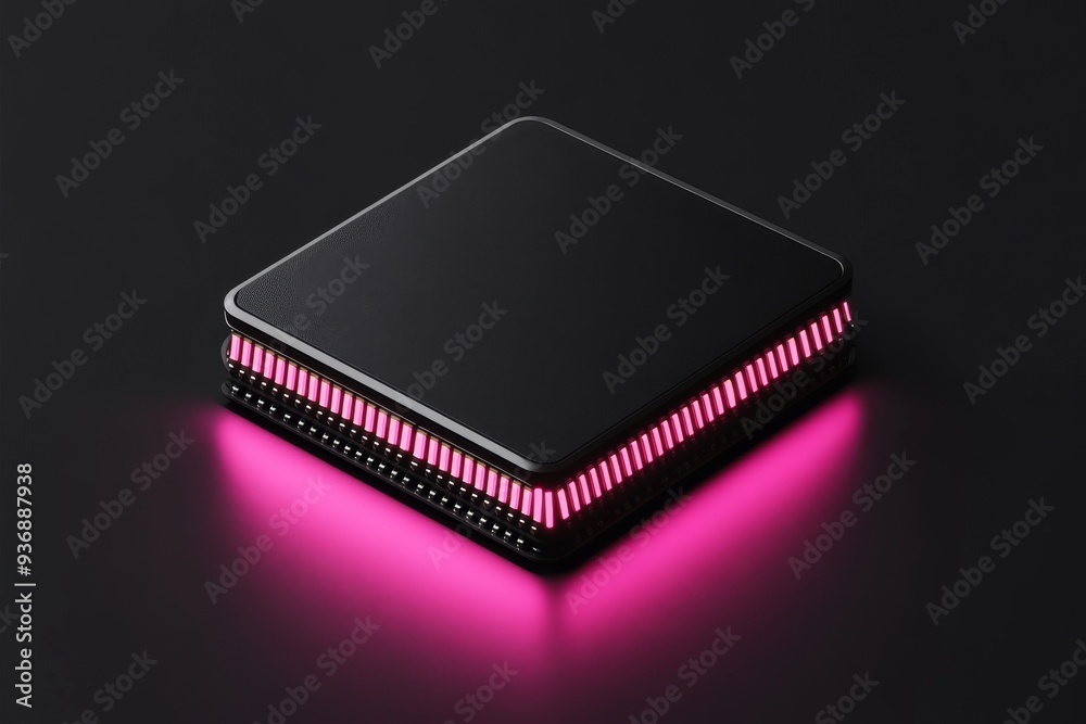 Close up of a sleek black microchip with pink LED lights symbolizing the fusion of modern technology and creative design in a high tech environment Close up of a sleek black microchip with pink LED lights symbolizing the fusion of modern technology and creative design in a high tech environment
