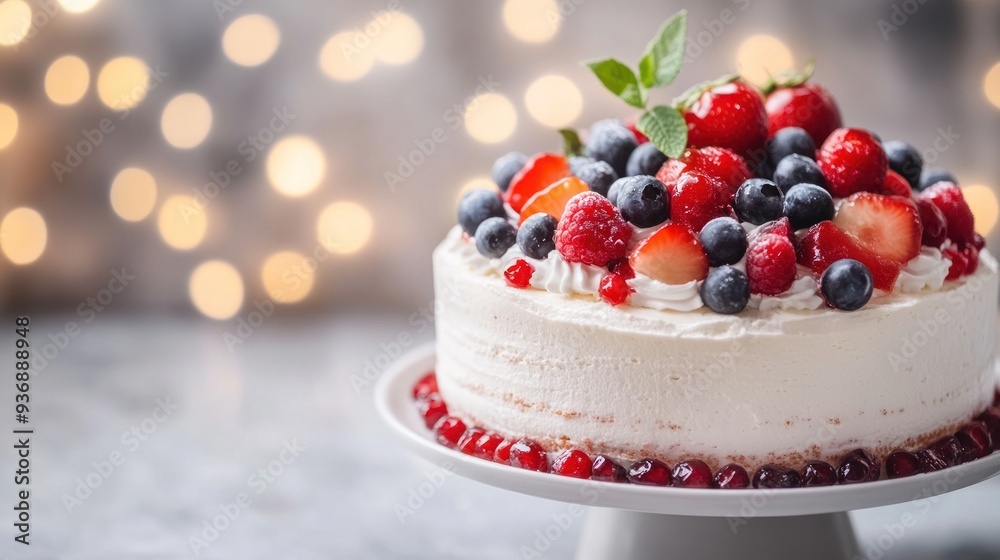 A delicious white cake topped with fresh berries and whipped cream, on a white cake stand. A delicious white cake topped with fresh berries and whipped cream, on a white cake stand.