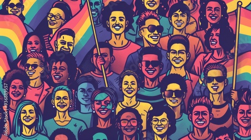 A colorful drawing of a group of people holding rainbow flags
