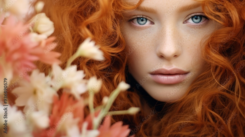 Portrait of a seductive happy young sexy redhead, a beautiful sensual ginger woman with flowers. Neural network ai generated art Portrait of a seductive happy young sexy redhead, a beautiful sensual ginger woman with flowers. Neural network ai generated art