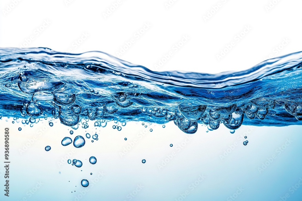 Air Bubbles Float Up Under Blue Water. Pure Water Wave, Oxygen Relaxation. Blue Water Textured on White Background..generative ai Air Bubbles Float Up Under Blue Water. Pure Water Wave, Oxygen Relaxation. Blue Water Textured on White Background..generative ai