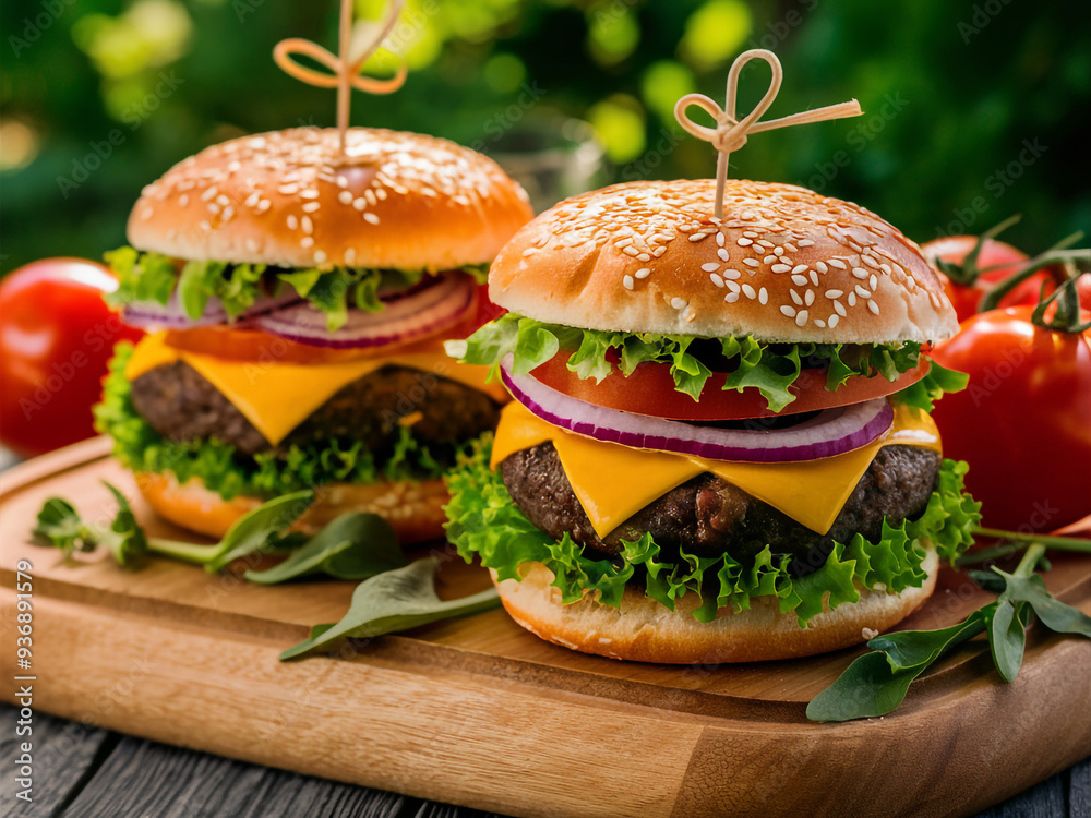 Juicy cheeseburgers with fresh vegetables on a wooden cutting board Juicy cheeseburgers with fresh vegetables on a wooden cutting board