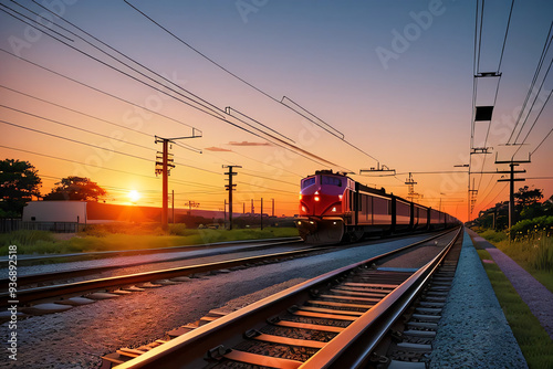 夕日に照らされた鉄道と列車