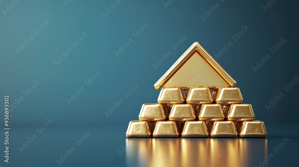 A stack of gold bars is on a blue surface A stack of gold bars is on a blue surface