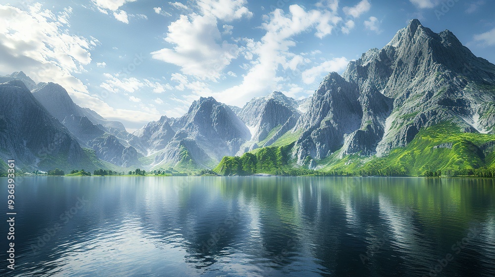 Serene Mountain Lake with Clear Blue Sky and Lush Green Slopes Serene Mountain Lake with Clear Blue Sky and Lush Green Slopes