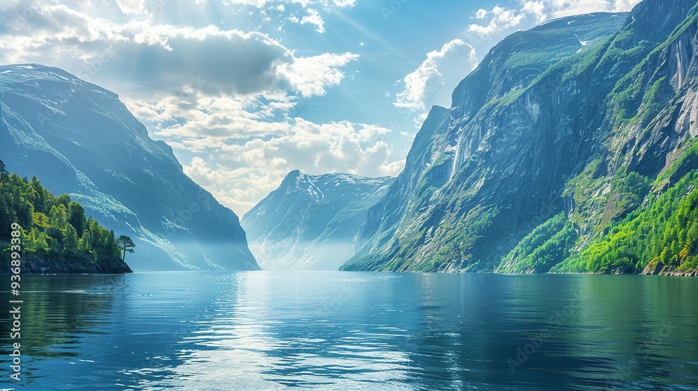 Majestic Fjord Landscape with Mountainous Cliffs and Calm Water Majestic Fjord Landscape with Mountainous Cliffs and Calm Water