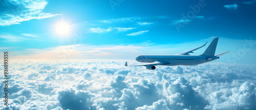 An airplane flying in the blue sky and white clouds. Suitable for many things, such as decorating home, shop or office, helping to create a bright, relaxing atmosphere or teaching media about travel.