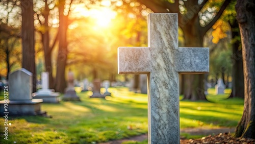 A beautiful marble cross surrounded by graves in a peaceful cemetery setting, graveyard, burial, memorial, religion