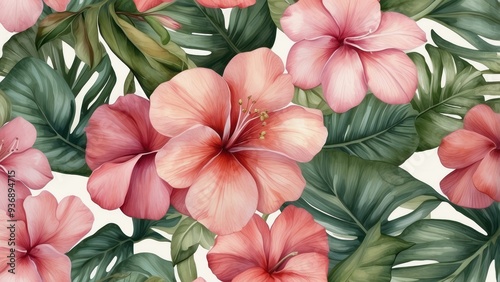 Pink Hibiscus Flowers and Green Leaves on a White Background