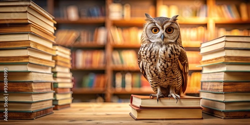 Wallpaper Mural Owl surrounded by a stack of books in a library , wise, intelligent, education, reading, learning, literature, studying, wisdom Torontodigital.ca