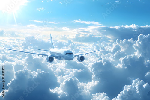 An airplane flying in the blue sky and white clouds. Suitable for many things, such as decorating home, shop or office, helping to create a bright, relaxing atmosphere or teaching media about travel.